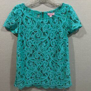 LILLY PULITZER Sz XS Teal Blue Short Sleeve Lace Top